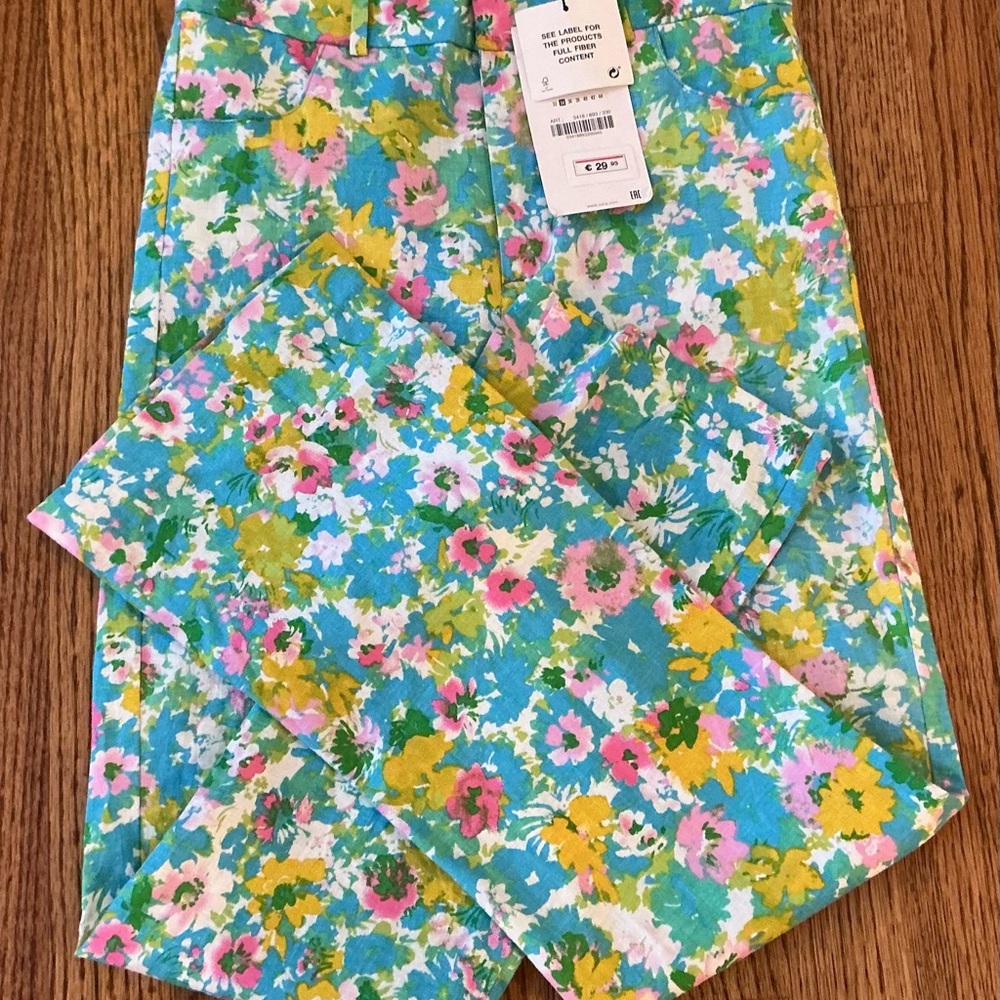 Zara Floral Print Stretch Pants‎ Size 2 NWT Straight Leg Linen Blend Boho Resort